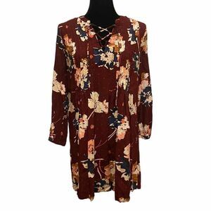 Old Navy Lace Up‎ Pintuck Front Burgundy Floral Prairie Dress